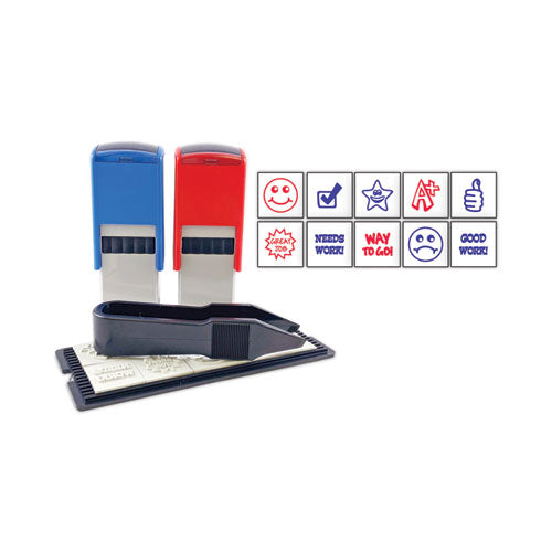 Printy 10-in-1 Self-Inking Teacher Stamp, Incudes 10 Dies, 0.63" Diameter, Blue/Red-(USS4630)