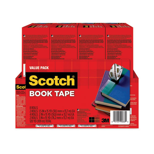 Book Tape Value Pack, 3" Core, (2) 1.5" x 15 yds, (4) 2" x 15 yds, (2) 3" x 15 yds, Clear, 8/Pack-(MMM845VP)