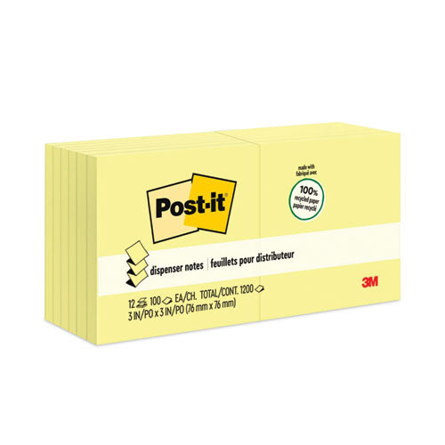 Original Recycled Pop-up Notes, 3" x 3", Canary Yellow, 100 Sheets/Pad, 12 Pads/Pack-(MMMR330RP12YW)