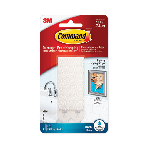 Bath Picture Hanging Strips, Large, Removable, Holds Up to 4 lbs per Pair, 0.75 x 3.65, White, 4 Pairs/Pack-(MMM17206BES)