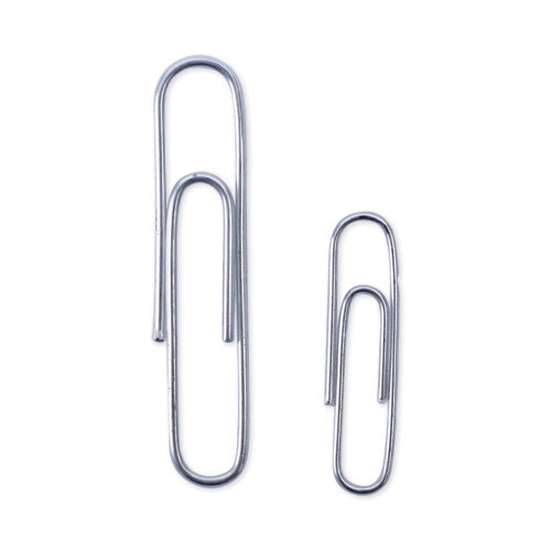 Plastic-Coated Paper Clips with One-Compartment Storage Tub, (750) #1 (1.3"), (250) Jumbo (2"), Silver-(UNV21001)