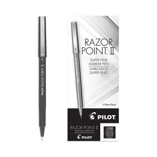 Razor Point II Super Fine Line Porous Point Pen, Stick, Extra-Fine 0.2 mm, Black Ink, Black Barrel, Dozen-(PIL11009)