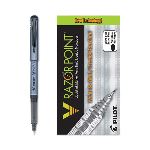 V Razor Point Liquid Ink Porous Point Pen, Stick, Extra-Fine 0.5 mm, Black Ink, Gray Barrel, Dozen-(PIL11020)