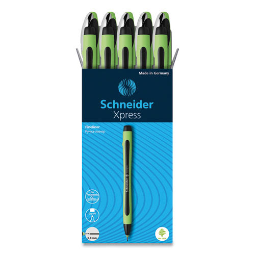 Xpress Fineliner Porous Point Pen, Stick, Medium 0.8 mm, Black Ink, Black/Green Barrel, 10/Box-(RED190001)