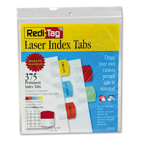 Inkjet Printable Index Tabs, 1/5-Cut, Assorted Colors, 1.13" Wide, 375/Pack-(RTG39020)