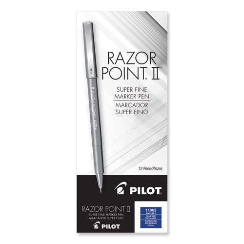 Razor Point II Super Fine Line Porous Point Pen, Stick, Extra-Fine 0.2 mm, Blue Ink, Blue Barrel, Dozen-(PIL11003)