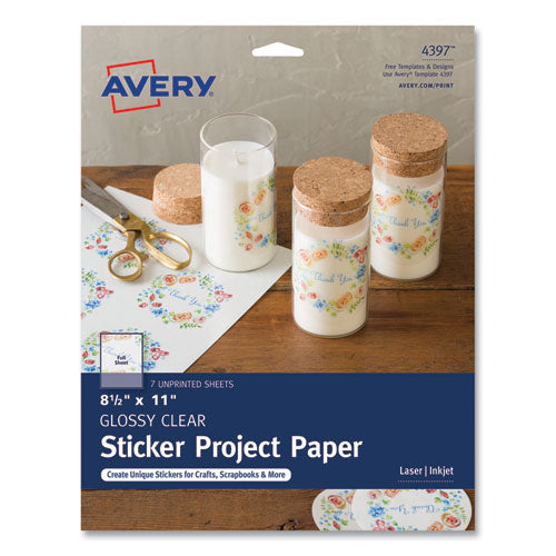 Avery Sticker Project Paper Laser/Inkjet Multipurpose Labels, 11 x 8.5, Glossy Clear, 1 Label/Sheet, 7 Sheets/Pack-(AVE4397KBF)