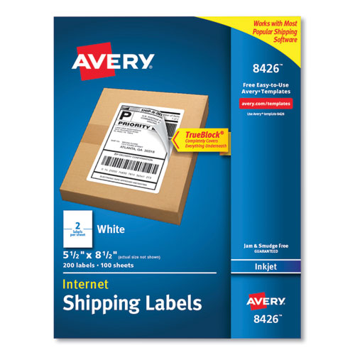 Shipping Labels with TrueBlock Technology, Inkjet Printers, 5.5 x 8.5, White, 2 Labels/Sheet, 100 Sheets/Pack, 2 Packs-(AVE8426)