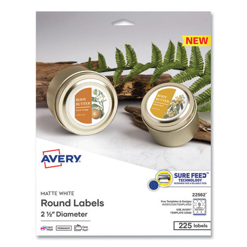 Laser/Inkjet Media Labels, Inkjet/Laser Printers, 2.5" dia, Matte White, 9 Labels/Sheet, 25 Sheets/Pack-(AVE22562)