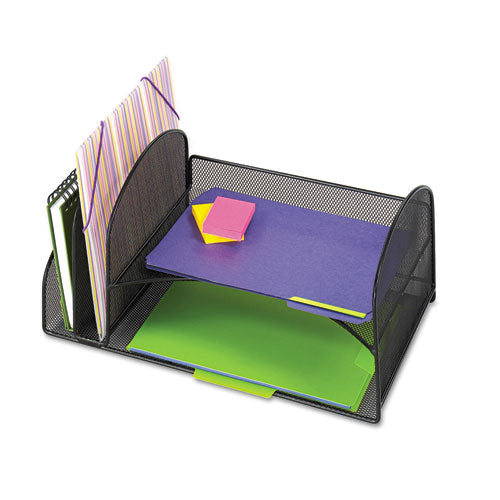 Onyx Mesh Desk Organizer, Two Vertical/Two Horizontal Sections, Steel Mesh, 17 x 10.75 x 7.75, Black-(SAF3264BL)