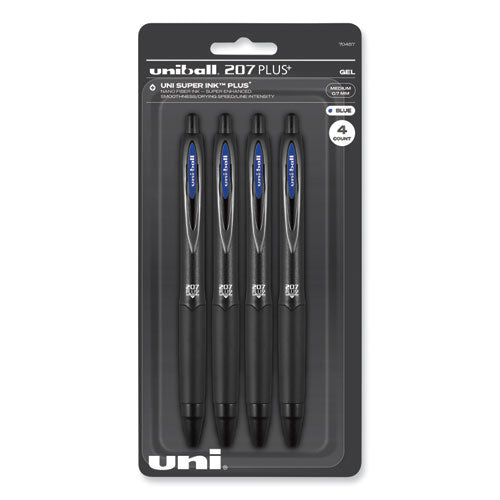 207 Plus+ Gel Pen, Retractable, Medium 0.7 mm, Blue Ink, Black Barrel, 4/Pack-(UBC70457)