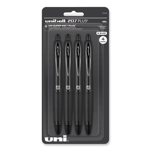 207 Plus+ Gel Pen, Retractable, Medium 0.7 mm, Black Ink, Black Barrel, 4/Pack-(UBC70460)