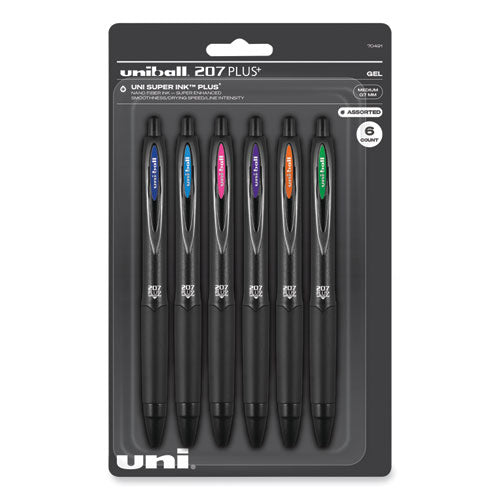 207 Plus+ Gel Pen, Retractable, Medium 0.7 mm, Inspirational Ink-Color Assortment, Black Barrel, 6/Pack-(UBC70491)