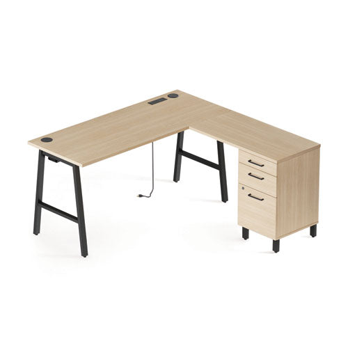 Essentials Single-Pedestal L-Shaped Desk with Integrated Power Management, 59.8" x 59.8 x 29.7", Natural Wood/Black-(UOS60420CC)