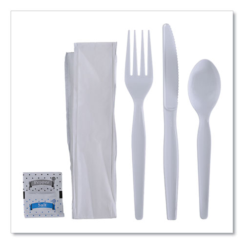 Six-Piece Cutlery Kit, Condiment/Fork/Knife/Napkin/Spoon, Heavyweight, White, 250/Carton-(BWKFKTNSHWPSWH)