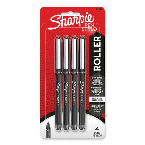 Professional Design Roller Ball Pen, Stick, Fine 0.5 mm, Black Ink, Black Barrel, 4/Pack-(SAN2093222)