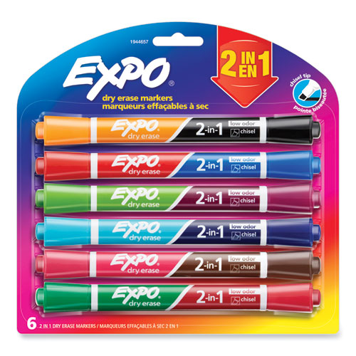 2-in-1 Dry Erase Markers, Medium Chisel Tip, Assorted Colors, 6/Pack-(SAN1944657)