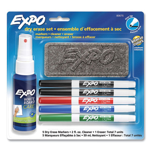 Dry Erase Marker, Eraser and Cleaner Kit, Fine Bullet Tip, Assorted Colors, 5/Set-(SAN80675)