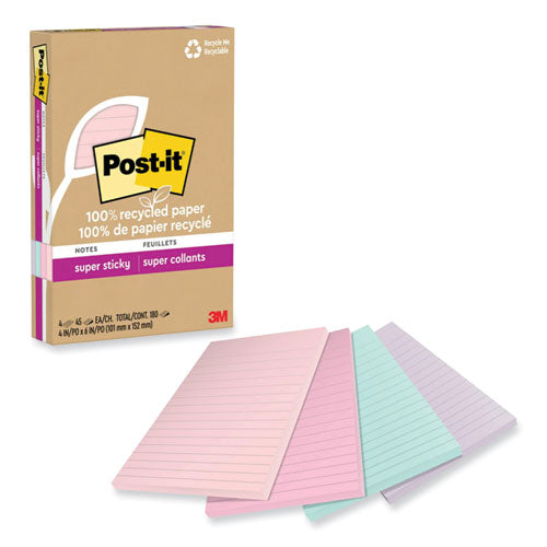 100% Recycled Paper Super Sticky Notes, Ruled, 4" x 6", Wanderlust Pastels, 45 Sheets/Pad, 4 Pads/Pack-(MMM4621R4SSNRP)