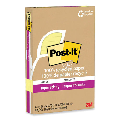 100% Recycled Paper Super Sticky Notes, Ruled, 4" x 6", Canary Yellow, 45 Sheets/Pad, 4 Pads/Pack-(MMM4621R4SSCY)