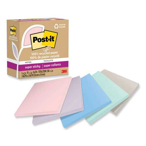 100% Recycled Paper Super Sticky Notes, 3" x 3", Wanderlust Pastels, 70 Sheets/Pad, 5 Pads/Pack-(MMM654R5SSNRP)