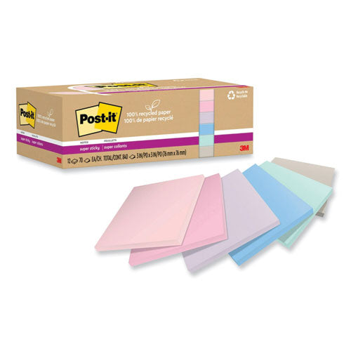 100% Recycled Paper Super Sticky Notes, 3" x 3", Wanderlust Pastels, 70 Sheets/Pad, 12 Pads/Pack-(MMM654R12SSNRP)