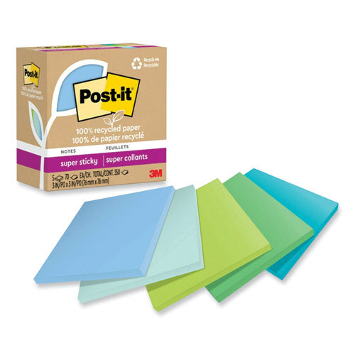 100% Recycled Paper Super Sticky Notes, 3" x 3", Oasis, 70 Sheets/Pad, 5 Pads/Pack-(MMM654R5SST)