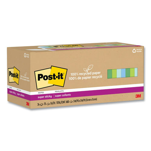 100% Recycled Paper Super Sticky Notes, 3" x 3", Oasis, 70 Sheets/Pad, 24 Pads/Pack-(MMM654R24SSTCP)