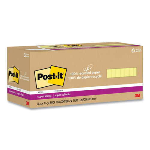 100% Recycled Paper Super Sticky Notes, 3" x 3", Canary Yellow, 70 Sheets/Pad, 24 Pads/Pack-(MMM654R24SSCYCP)