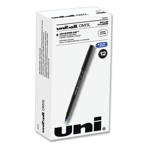ONYX Roller Ball Pen, Stick, Micro 0.5 mm, Blue Ink, Black Matte Barrel, Dozen-(UBC60041)