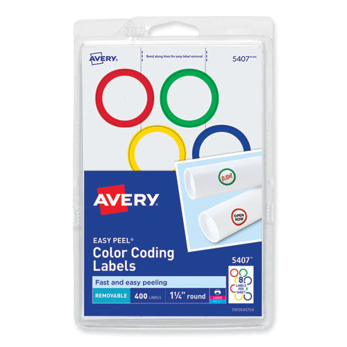 Printable Self-Adhesive Removable Color-Coding Labels, 1.25" dia, Assorted Colors, 8/Sheet, 50 Sheets/Box-(AVE5407)