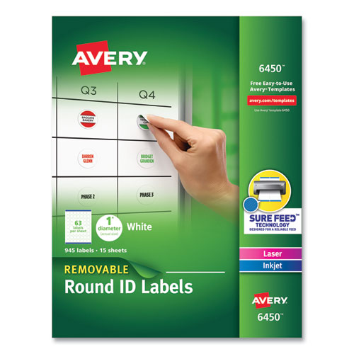 Removable Multi-Use Labels, Inkjet/Laser Printers, 1" dia, White, 63/Sheet, 15 Sheets/Pack-(AVE6450)