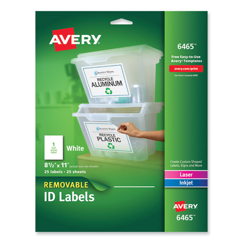 Removable Multi-Use Labels, Inkjet/Laser Printers, 8.5 x 11, White, 25/Pack-(AVE6465)