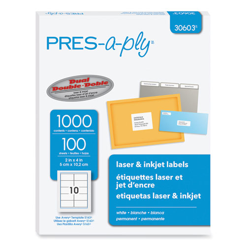 Labels, Laser Printers, 2 x 4, White, 10/Sheet, 100 Sheets/Box-(AVE30603)