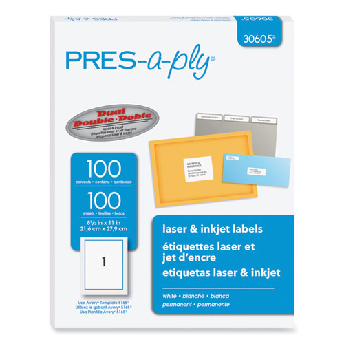 Labels, Laser Printers, 8.5 x 11, White, 100/Box-(AVE30605)