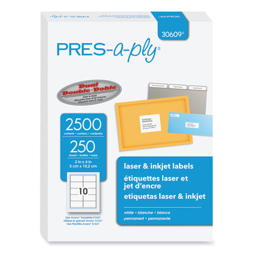 Labels, Laser Printers, 2 x 4, White, 10/Sheet, 250 Sheets/Box-(AVE30609)