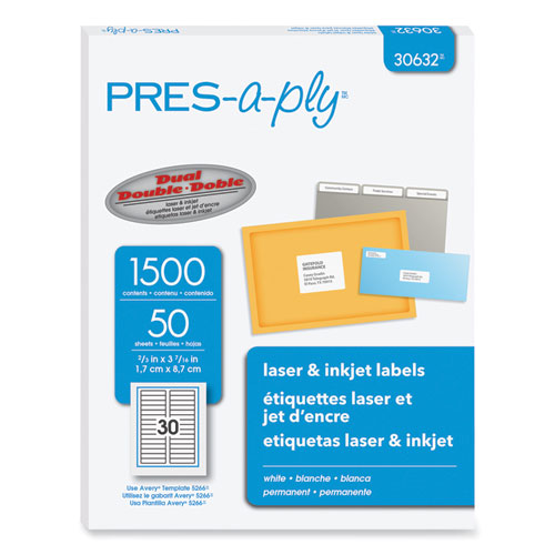 Labels, 0.66 x 3.44, White, 30/Sheet, 50 Sheets/Box-(AVE30632)