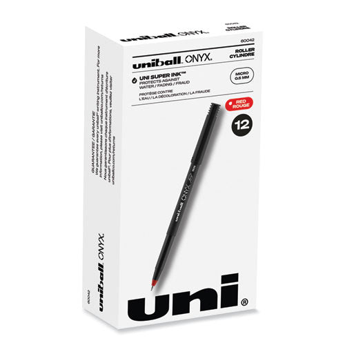 ONYX Roller Ball Pen, Stick, Micro 0.5 mm, Red Ink, Black Matte Barrel, Dozen-(UBC60042)