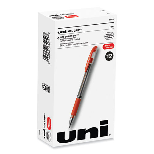 Signo GRIP Gel Pen, Stick, Medium 0.7 mm, Red Ink, Silver/Red Barrel, Dozen-(UBC65452)
