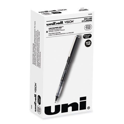 VISION Roller Ball Pen, Stick, Bold 1 mm, Black Ink, Black Barrel, Dozen-(UBC70128)