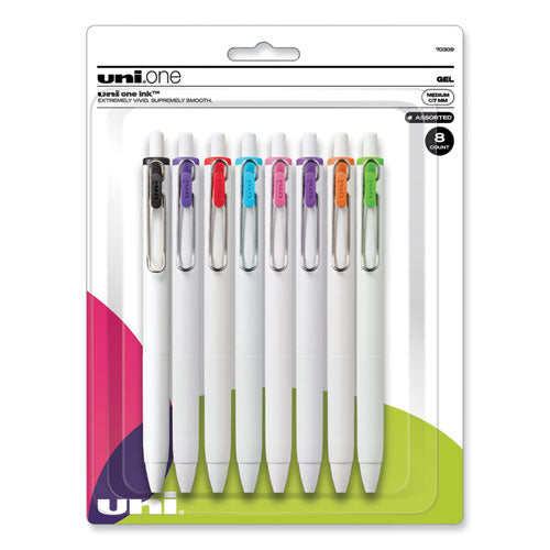 uniONE Gel Pen, Retractable, Medium 0.7 mm, Inspirational Ink-Color Assortment, White Barrel, 8/Pack-(UBC70309)