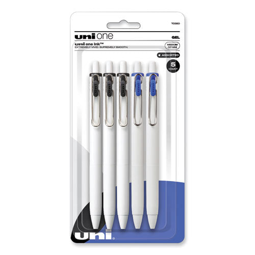 uniONE Gel Pen, Retractable, Medium 0.7 mm, Business Ink-Color Assortment, White Barrel, 5/Pack-(UBC70380)