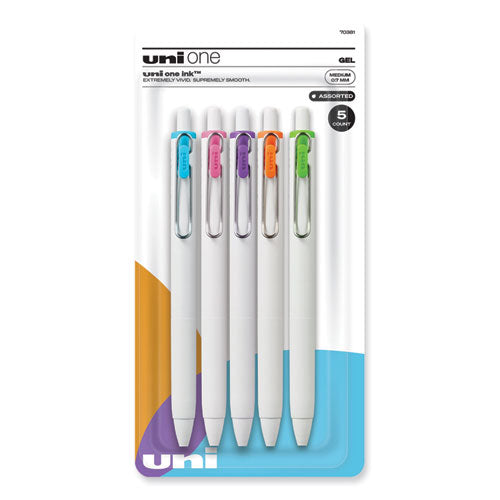 uniONE Gel Pen, Retractable, Medium 0.7 mm, Fashion Ink-Color Assortment, White Barrel, 5/Pack-(UBC70381)