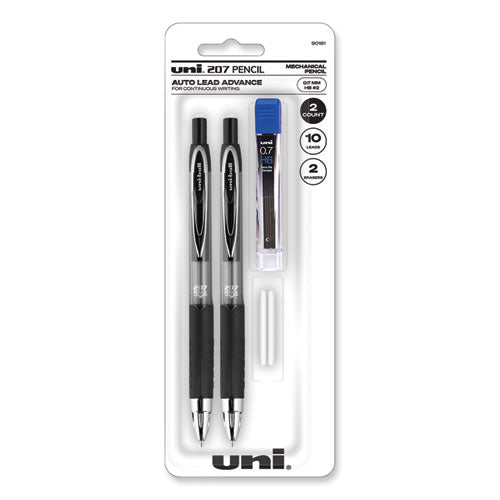 207 Mechanical Pencil w/ 10 Leads and 2 Erasers, 0.7 mm, HB (#2), Black Lead, Black Barrel, 2/Pack-(UBC90181)