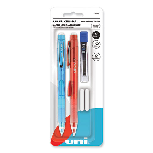 Chroma Mechanical Pencil w/ 10 Leads and 2 Erasers, 0.7 mm, HB (#2), Black Lead, (1) Red (1) Blue Barrel, 2/Pack-(UBC90192)