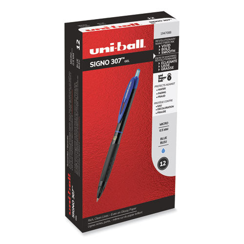 307 Gel Pen, Retractable, Micro 0.5 mm, Blue Ink, Black Barrel, Dozen-(UBC1947088)