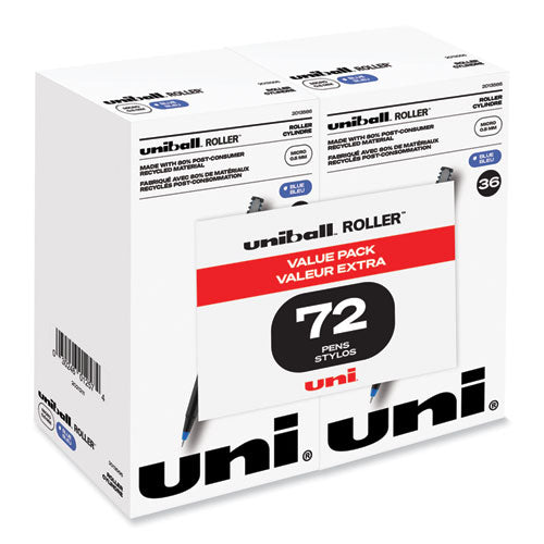 Roller Ball Pen, Stick, Micro 0.5 mm, Blue Ink, Black Barrel, 72/Pack-(UBC2013566)