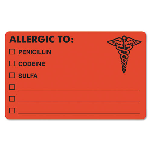 Allergy Warning Labels, ALLERGIC TO: PENICILLN, CODEINE, SULFA, 2.5 x 4, Fluorescent Red, 100/Roll-(TAB00488)