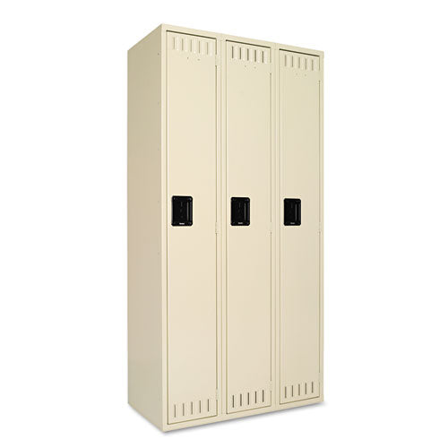 Single-Tier Locker, Three Lockers with Hat Shelves and Coat Rods, 36w x 18d x 72h, Sand-(TNNSTS121872CSD)